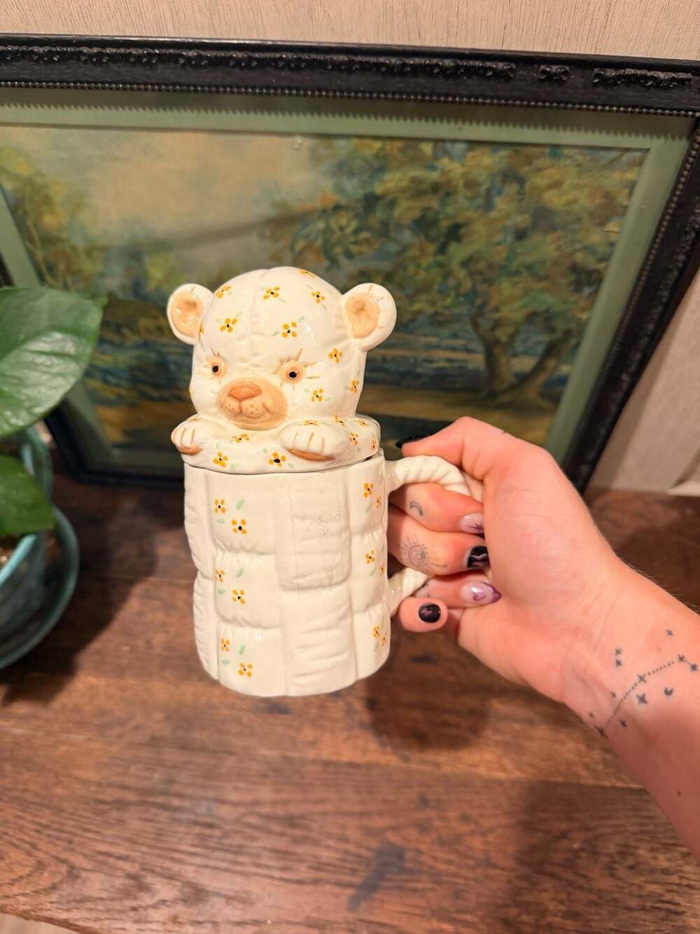 Vintage Ceramic Teddy Bear Mug with Floral Quilted Lid